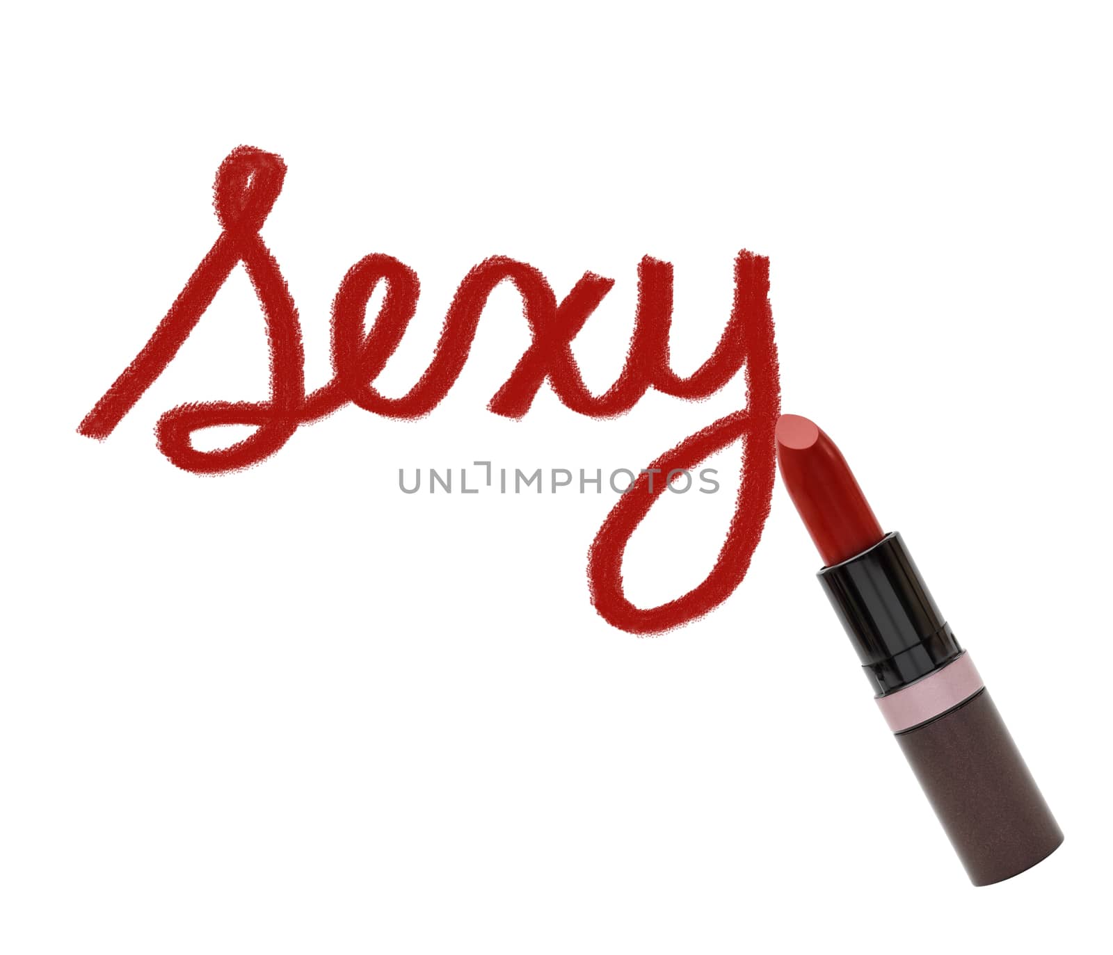 close up of lipstick with word sexy on white background