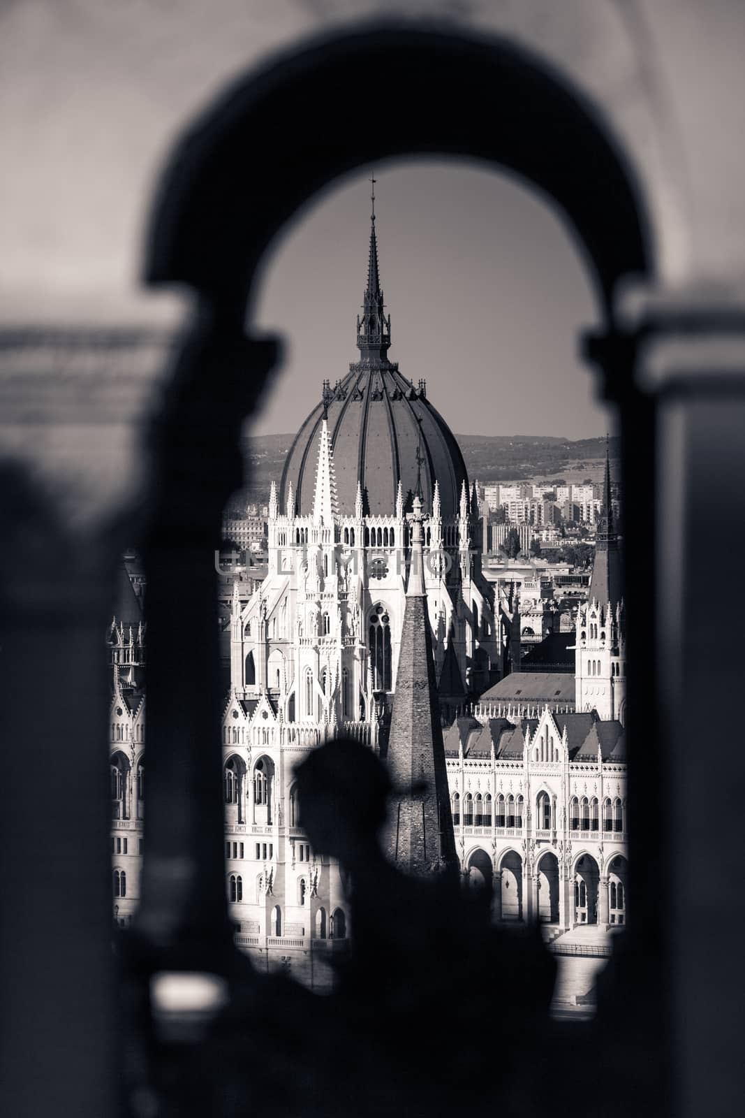 View of Hungarian Parliament Building with customers at Buda Castle restaurant, Budapest, Hungary