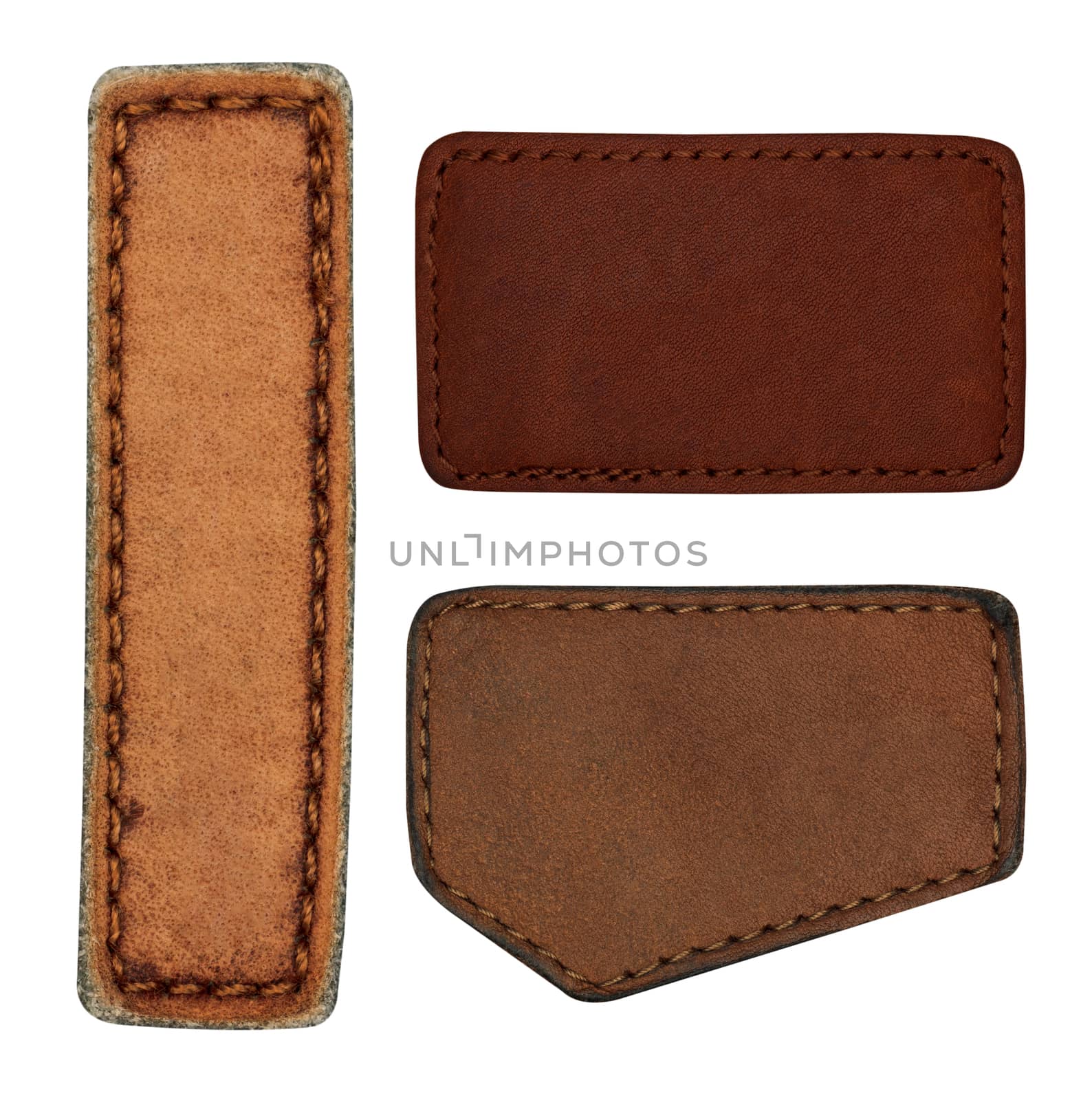 collection of various jeans labels on white background