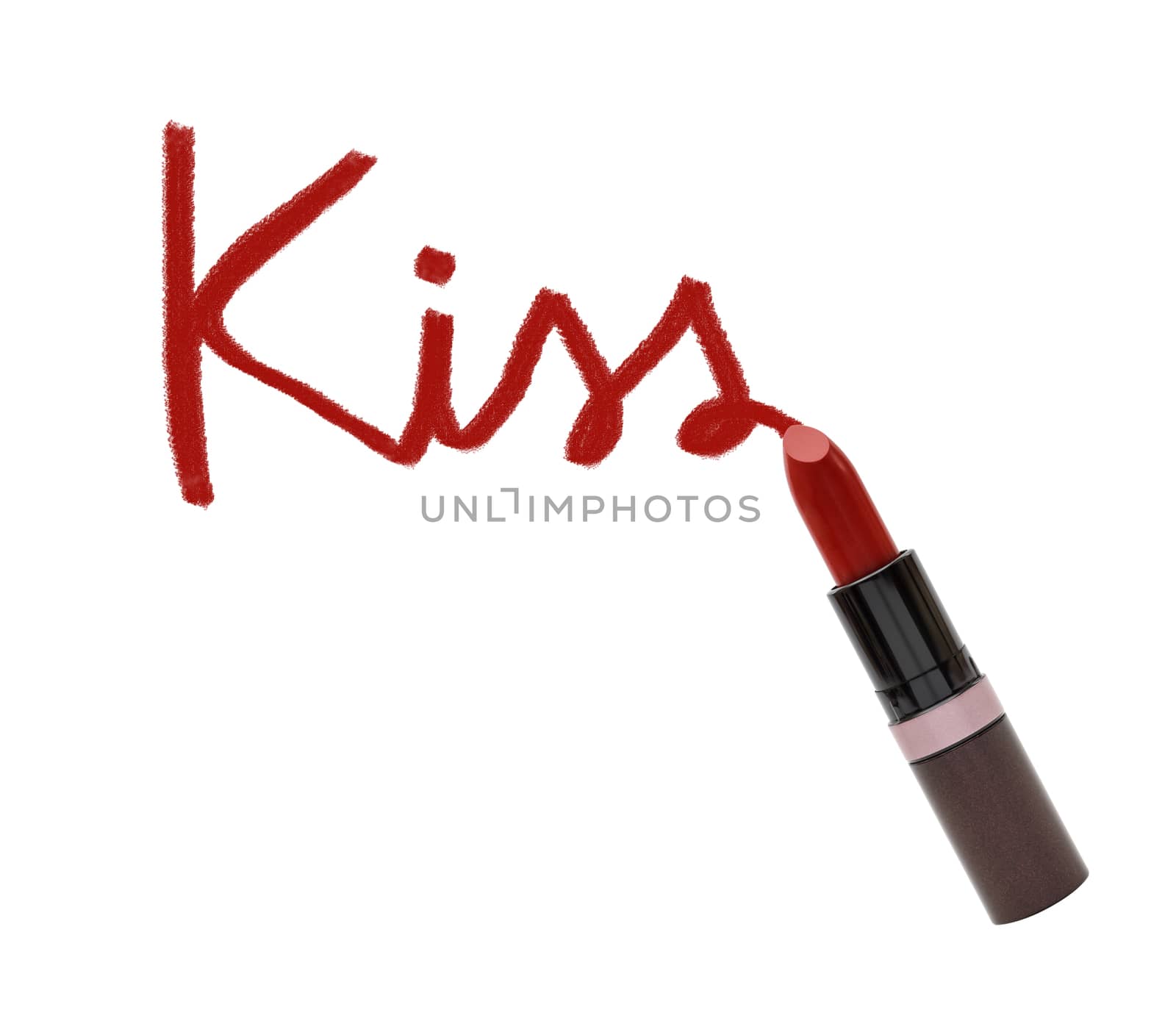 close up of lipstick with word kiss on white background