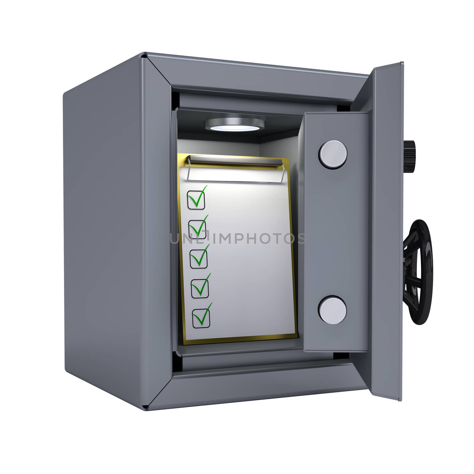 Checklist in an open metal safe. Checklist illuminated lamp. Isolated render on a white background