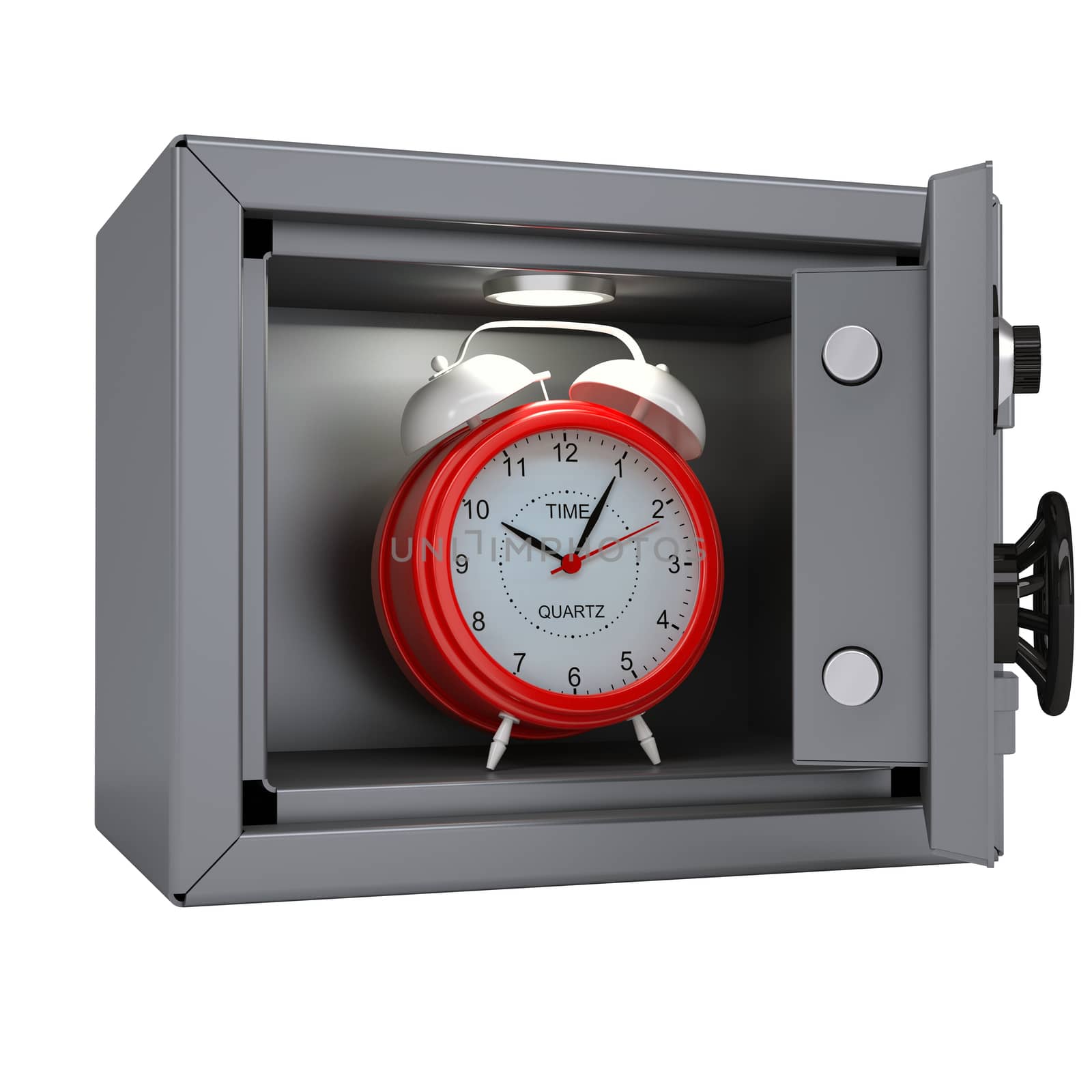 Alarm clock in an open metal safe. Alarm clock illuminated lamp. Isolated render on a white background