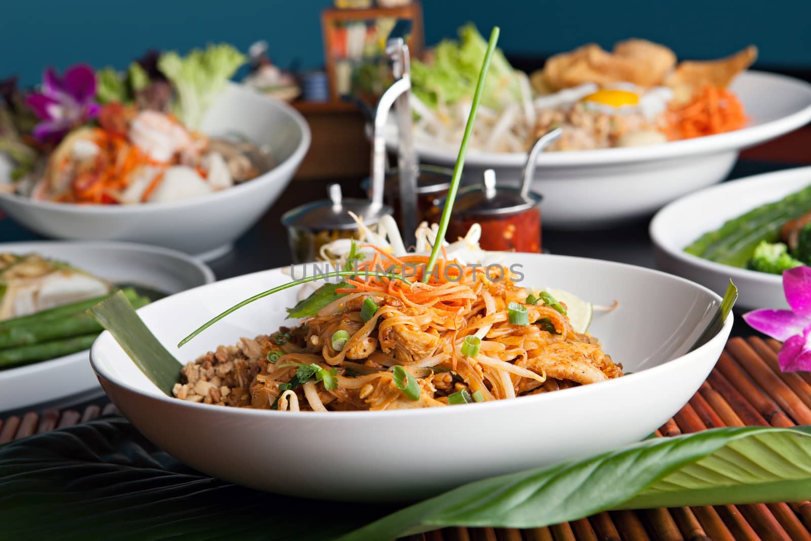 Chicken pad Thai with a variety of other fine Thai food dishes.  Shallow depth of field.