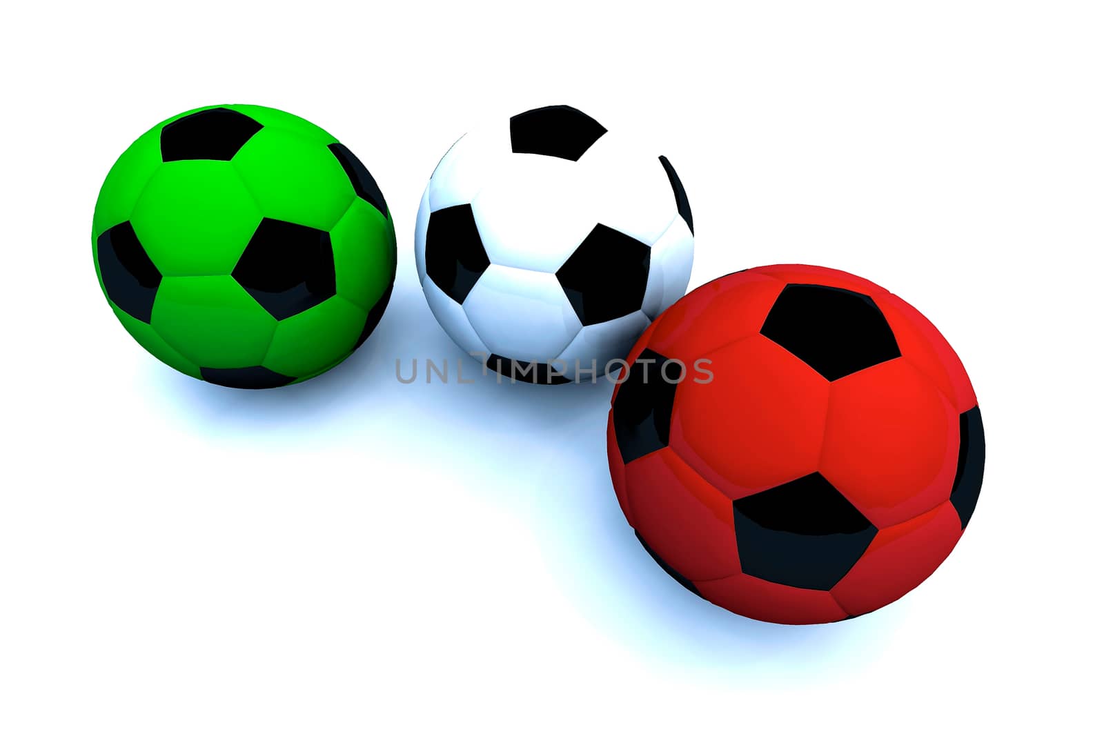 Green, white and red soccer balls