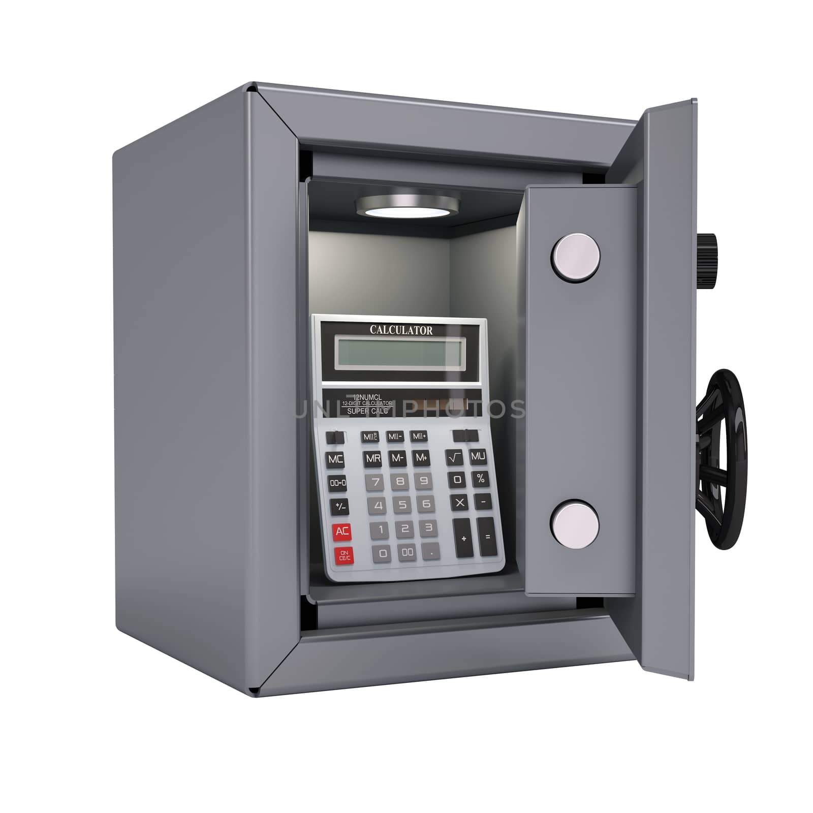 Calculator in an open metal safe by cherezoff