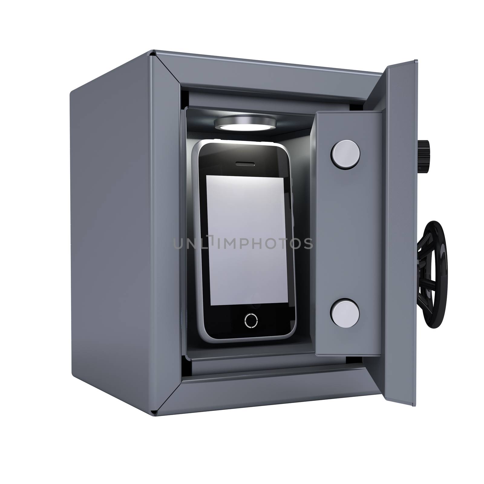 Smartphone in an open metal safe. Smartphone illuminated lamp. Isolated render on a white background