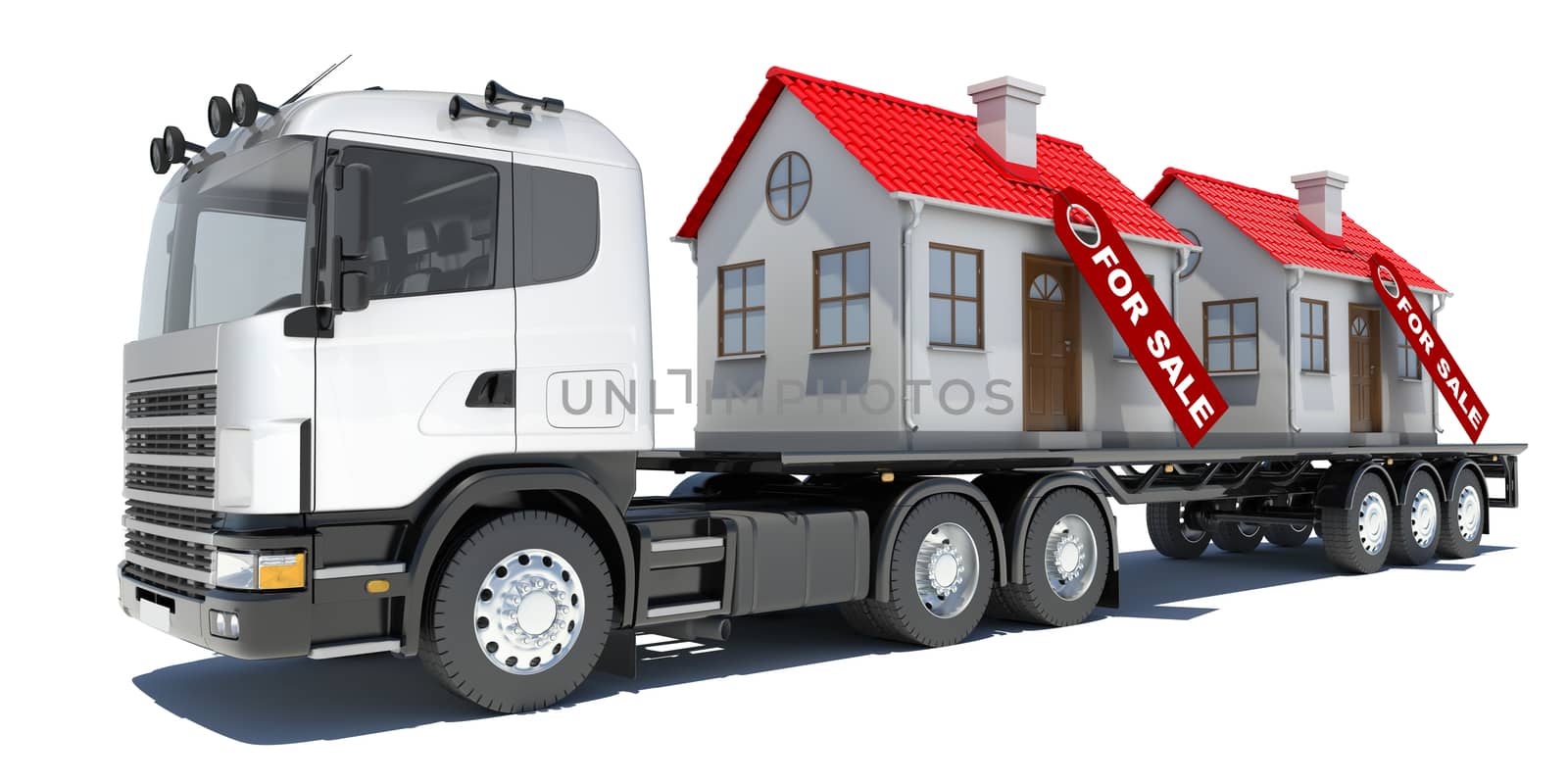 Truck carries two houses. Isolated render on a white background