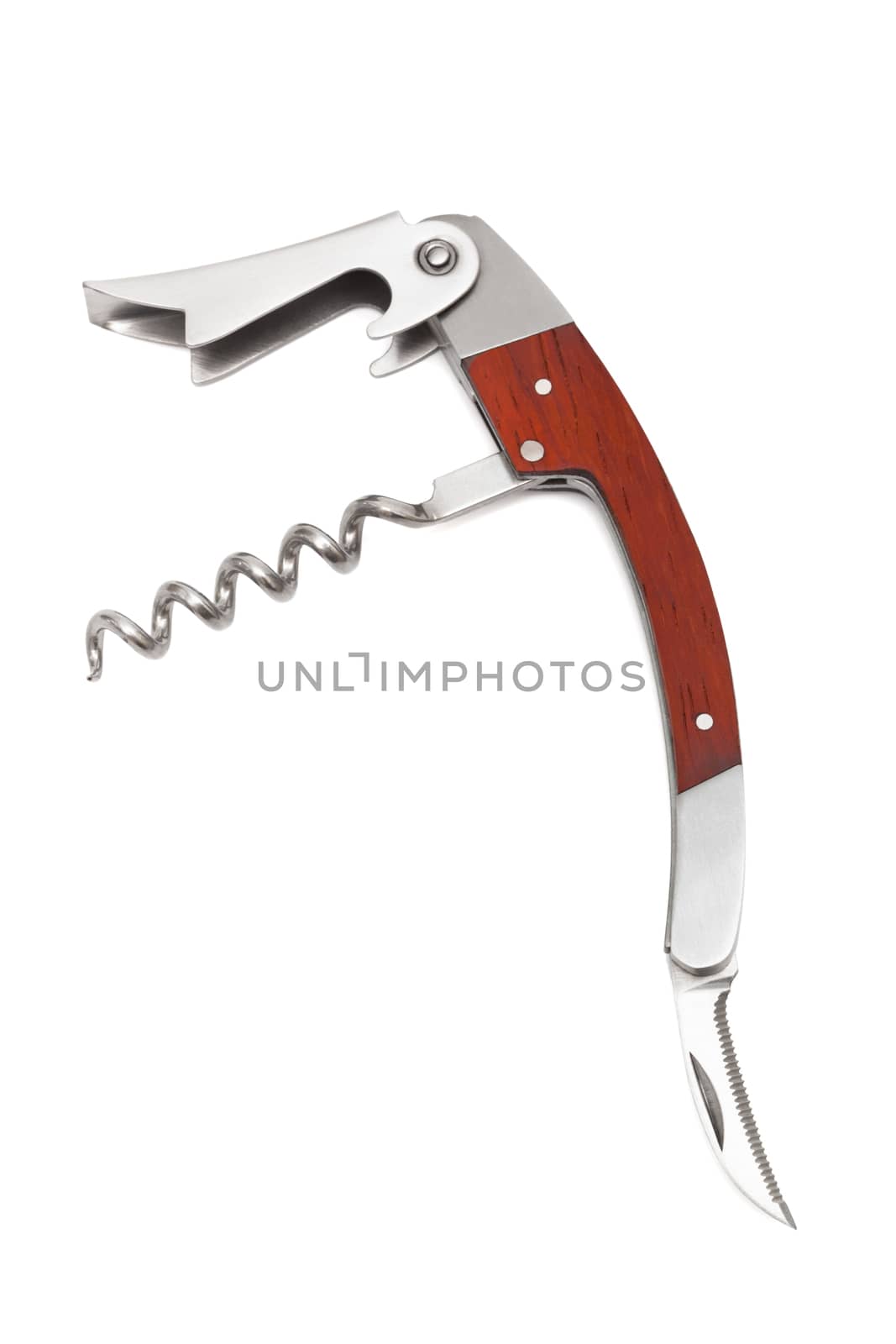Modern metal corkscrew on a white background