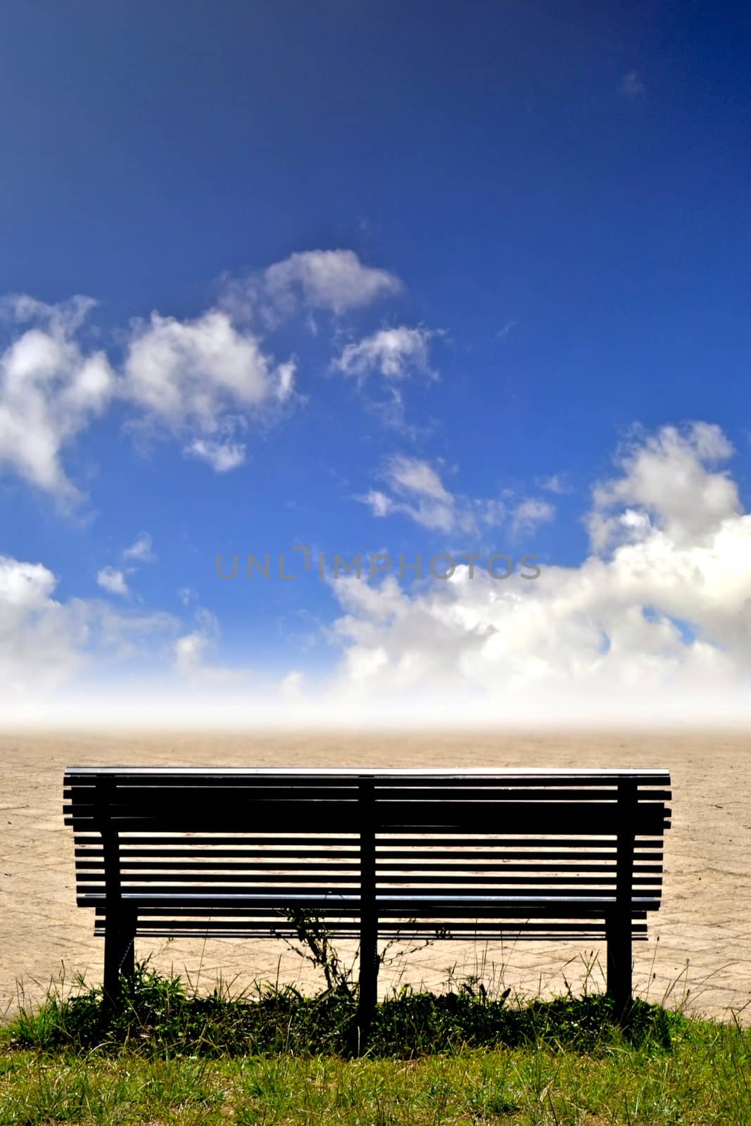 Empty bench on grass, ground and sky with clouds