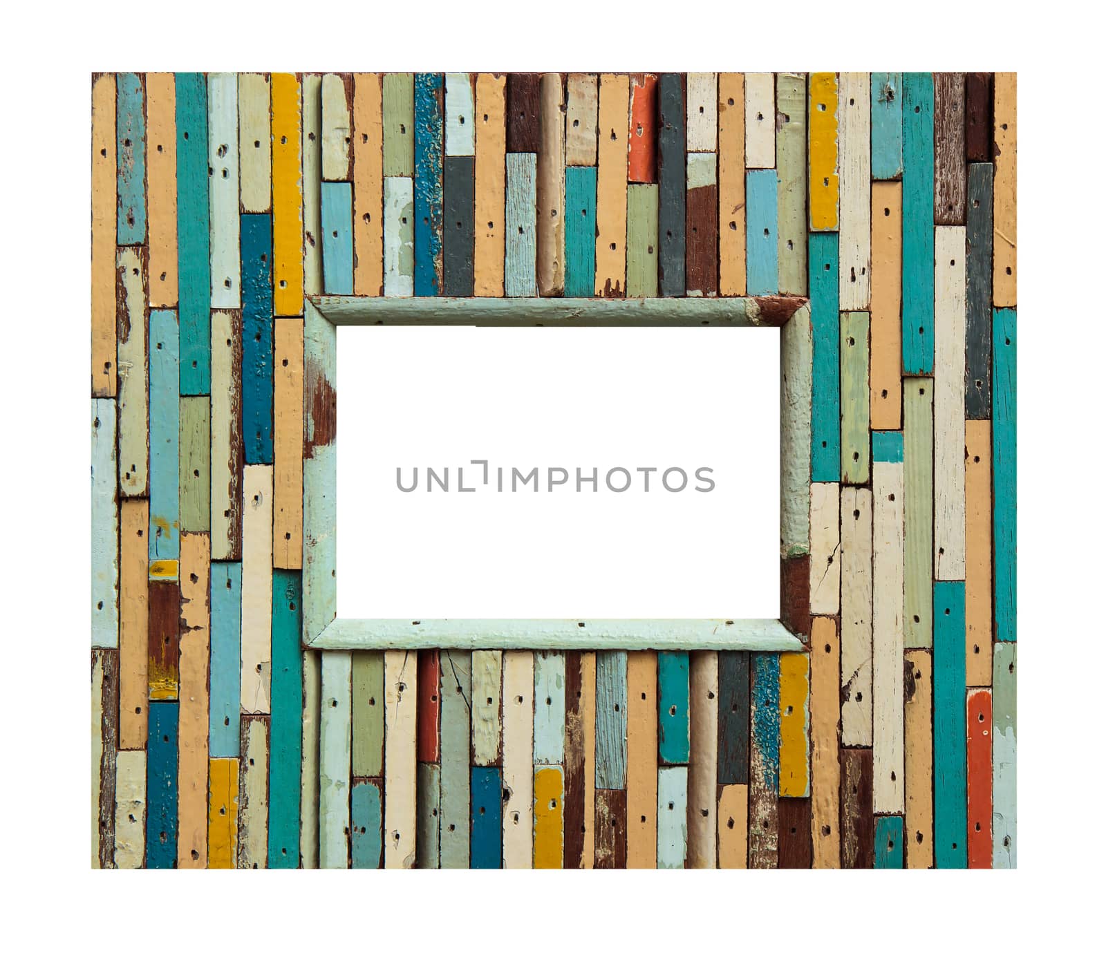 old colorful wooden frame on white