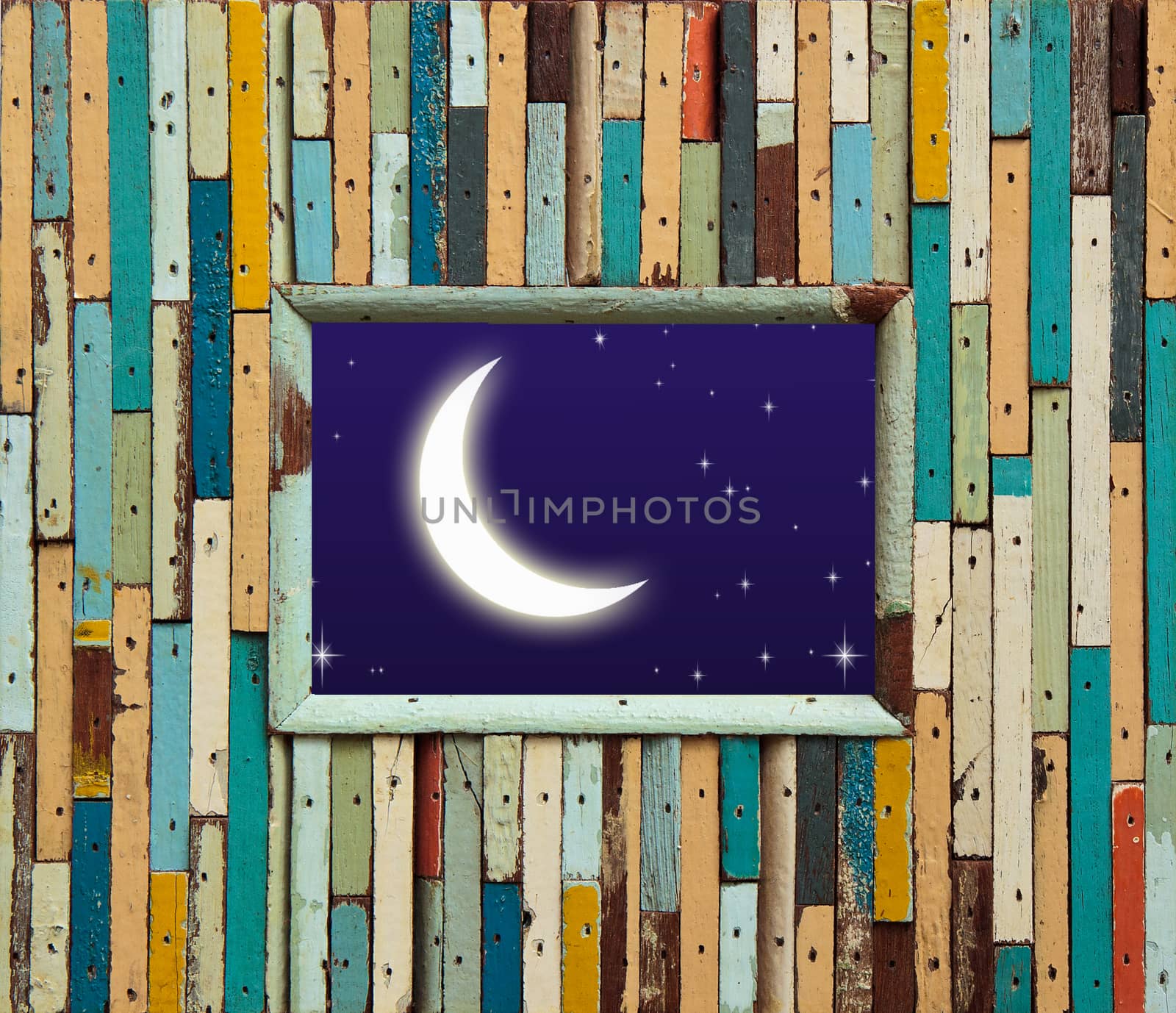 old colorful wood wall with moon and star