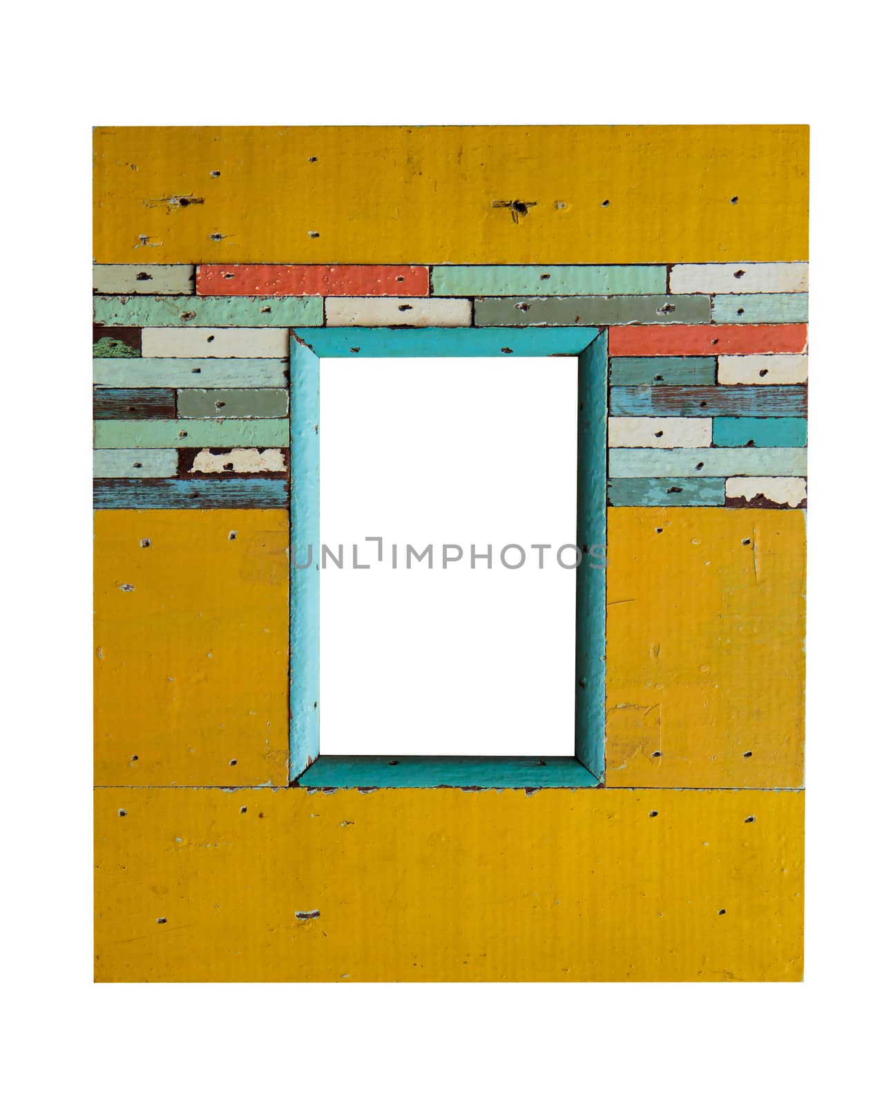 old colorful wooden frame on white