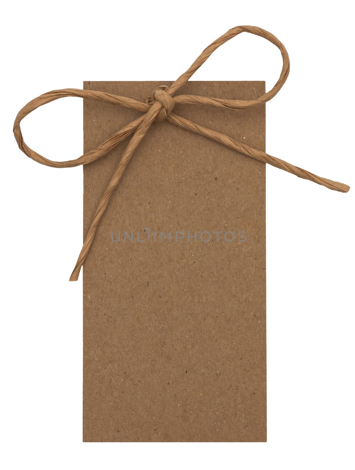 close up of card note with paper ribbon on white background