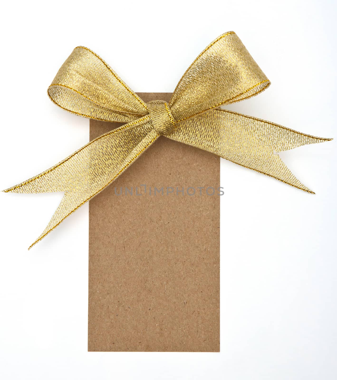 close up of card note with ribbon on white background