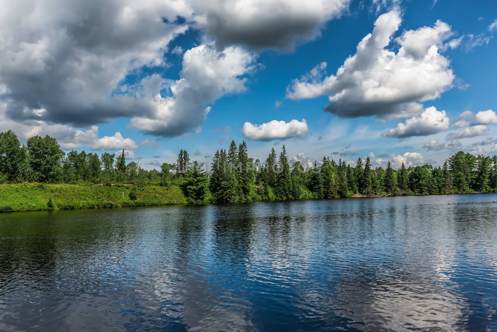 An amazing landcape of the nature containing a lake and a beautiful blue sky. The wild nature of Ontario, Canada.