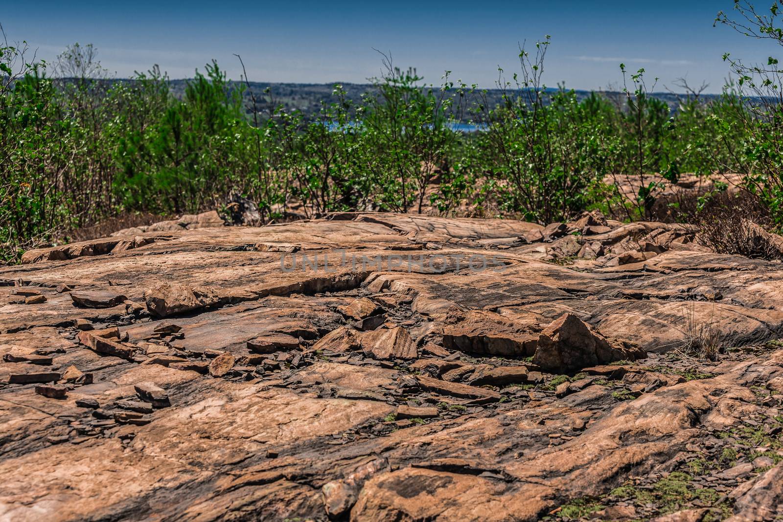 The view from the top of a rocky mountain with some green trees on a sunny day in the nature of Ontario, Canada.