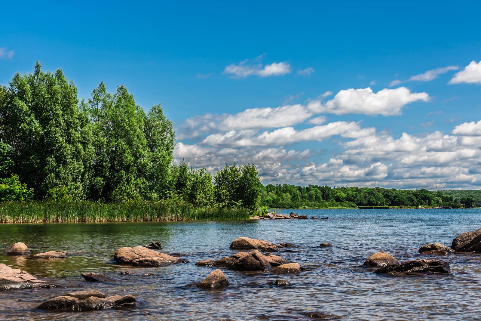 An amazing landcape of the nature containing a lake and a beautiful blue sky. The wild nature of Ontario, Canada.