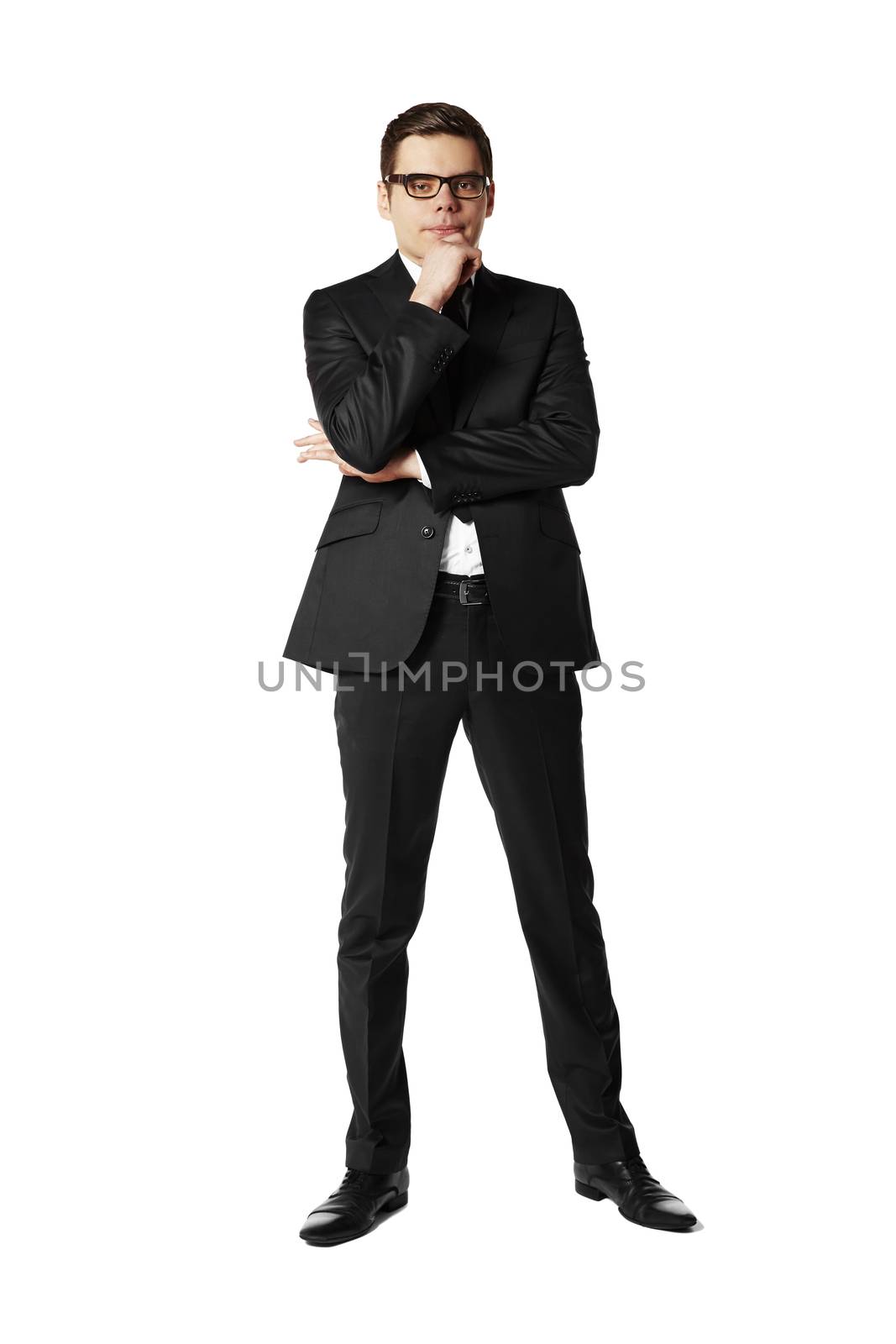 Studio shot of thinking man against white background. 