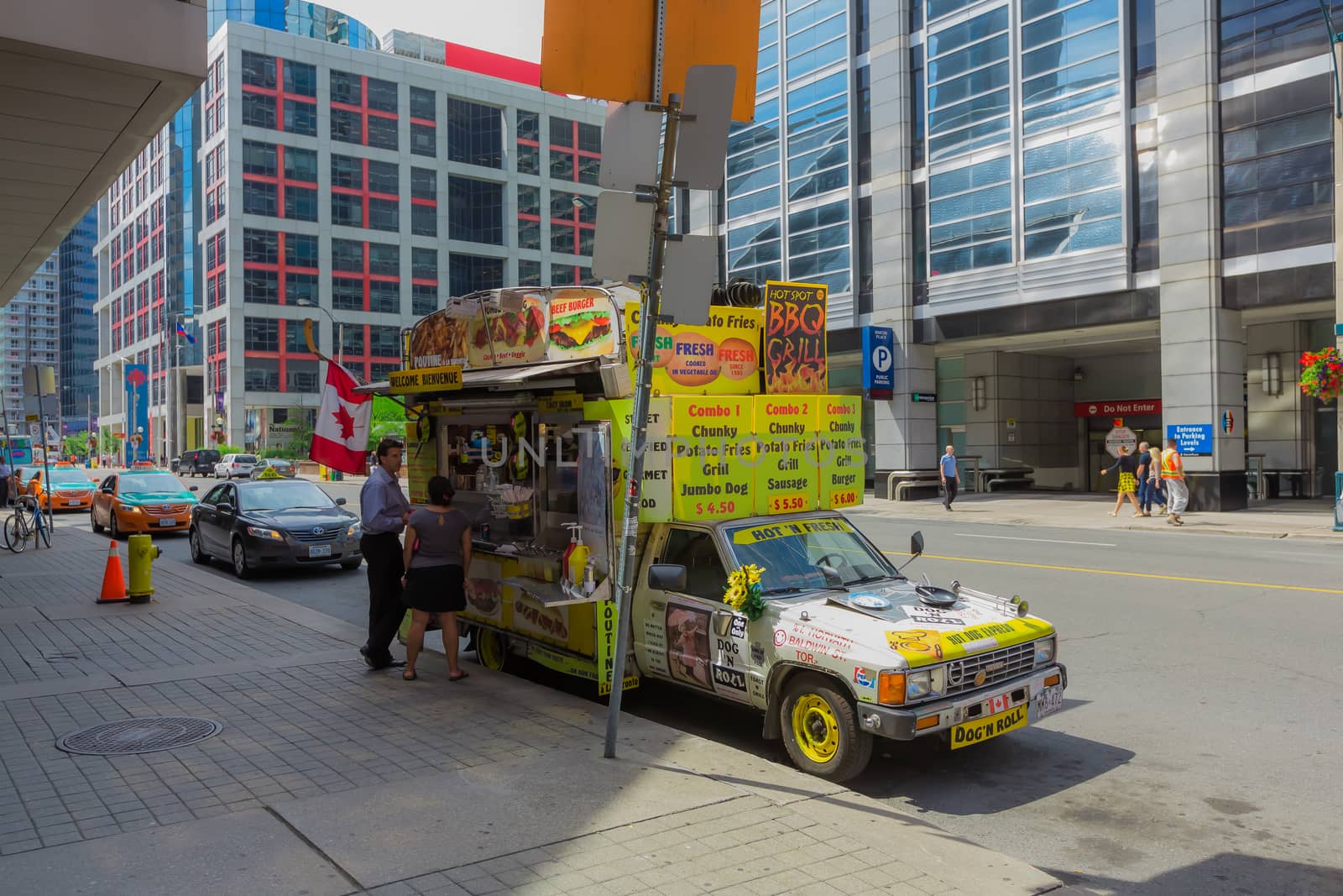 A hotdog selling car in downtown Toronto city, Ontario, Canada.