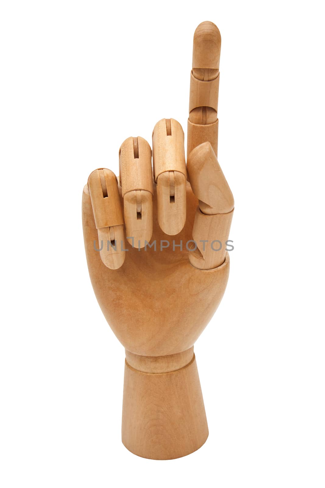 wooden hand touching virtual screen. Isolated on white.