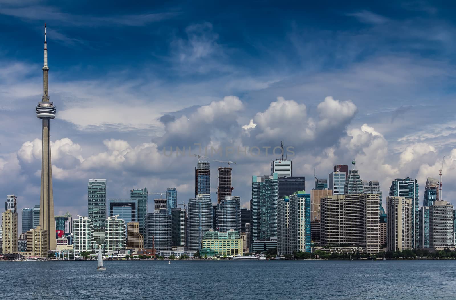 A view of Toronto City from an island on a cloudy day, Ontario, Canada.