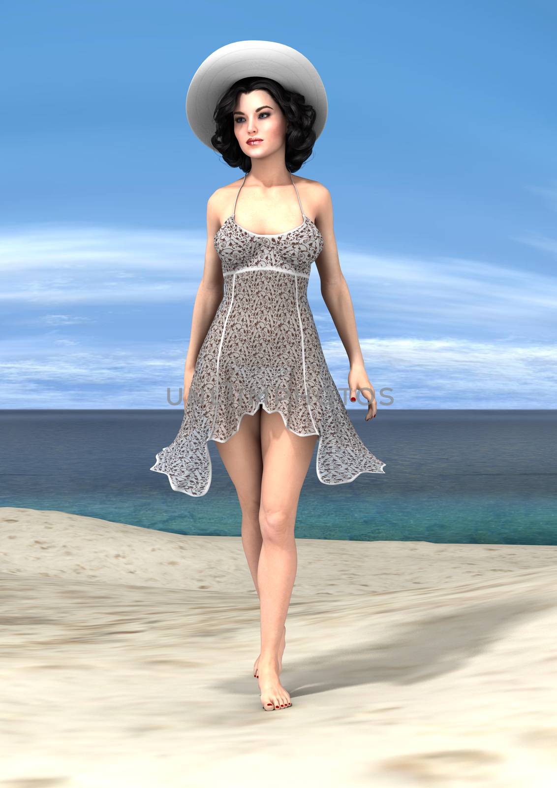 3D digital render of a beautiful young woman wearing a summer dress and a hat on  blue sky and ocean background 