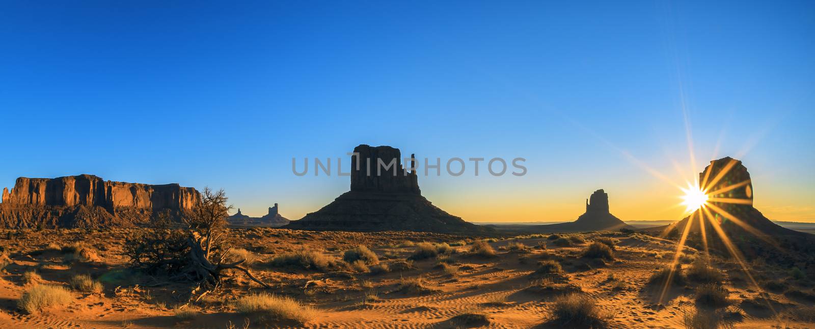 Monument Valley at sunrise, panoramic view by vwalakte