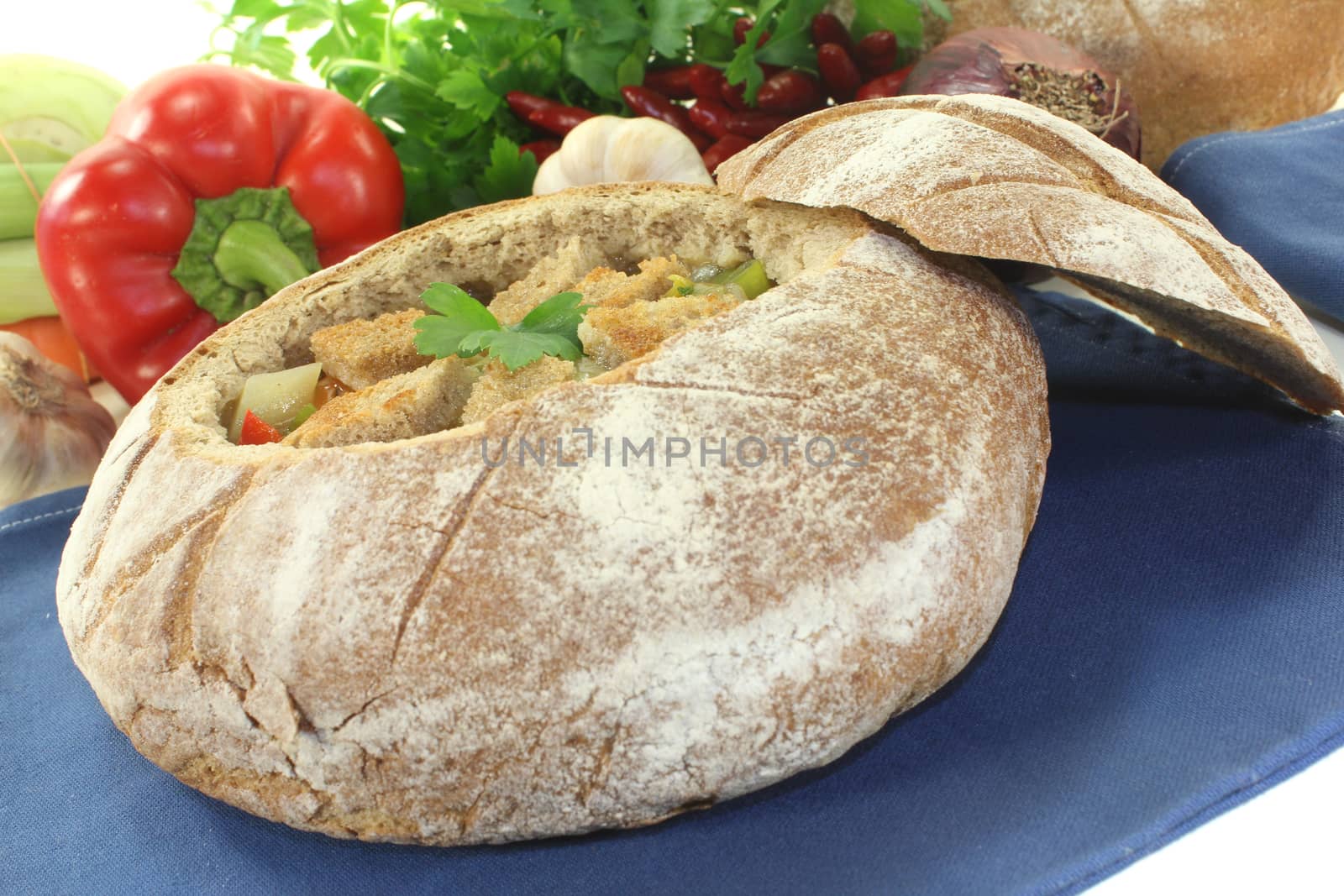 fresh Bread soup with chilli on a light background
