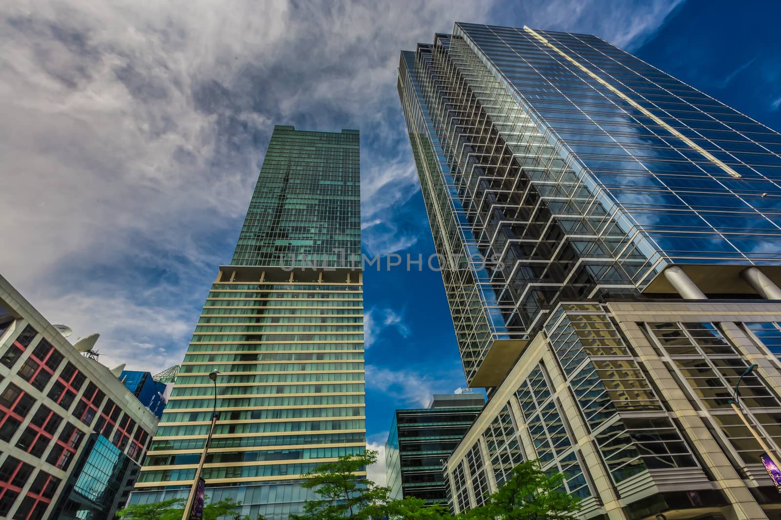 The vertical view of many amazing skycrapers in Toronto City downtown, Ontario, Canada.
