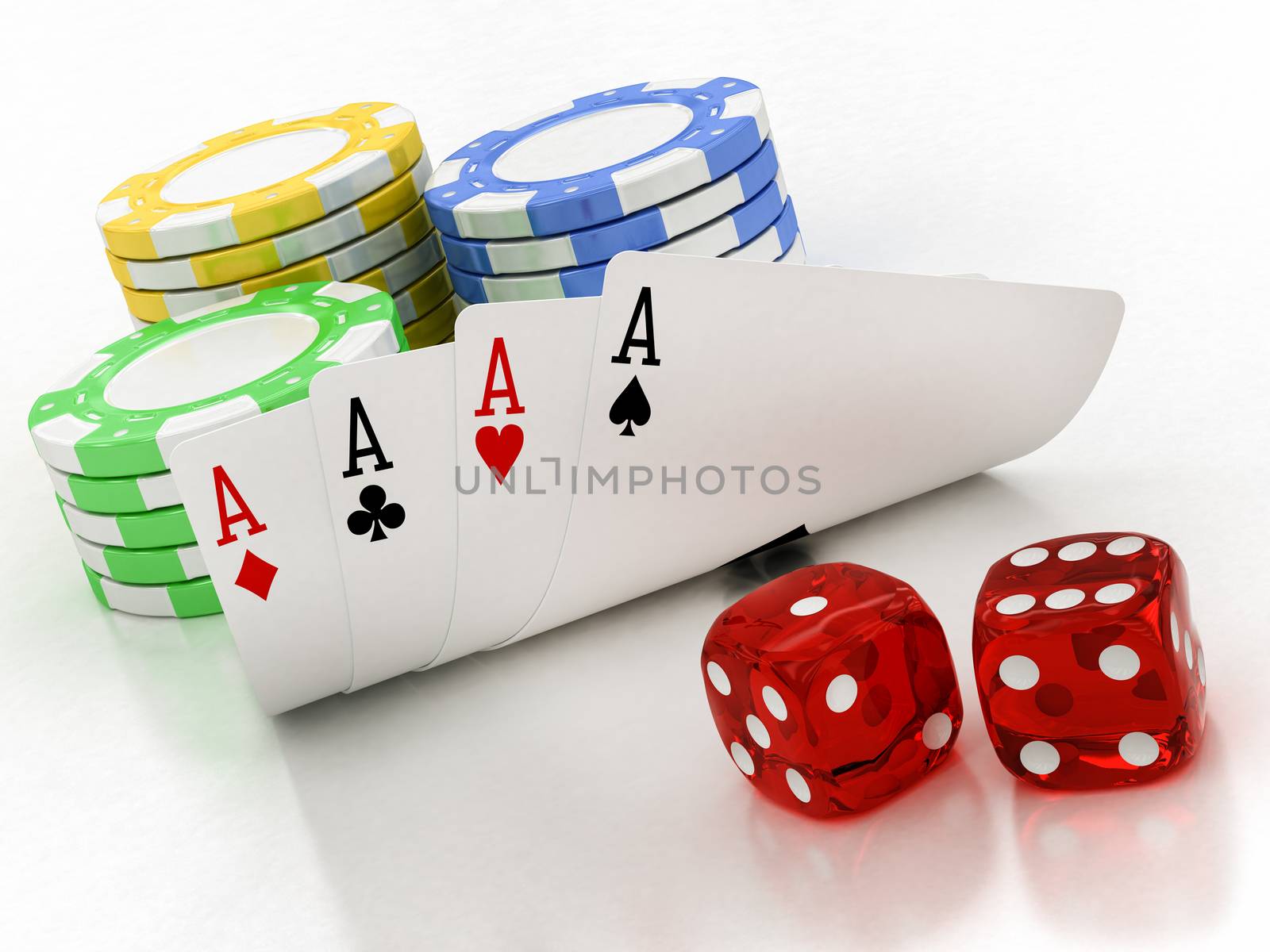 dice, chips and cards on a white background