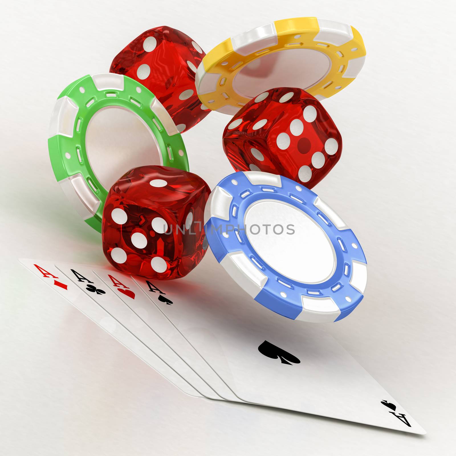 dice, chips and cards on a white background