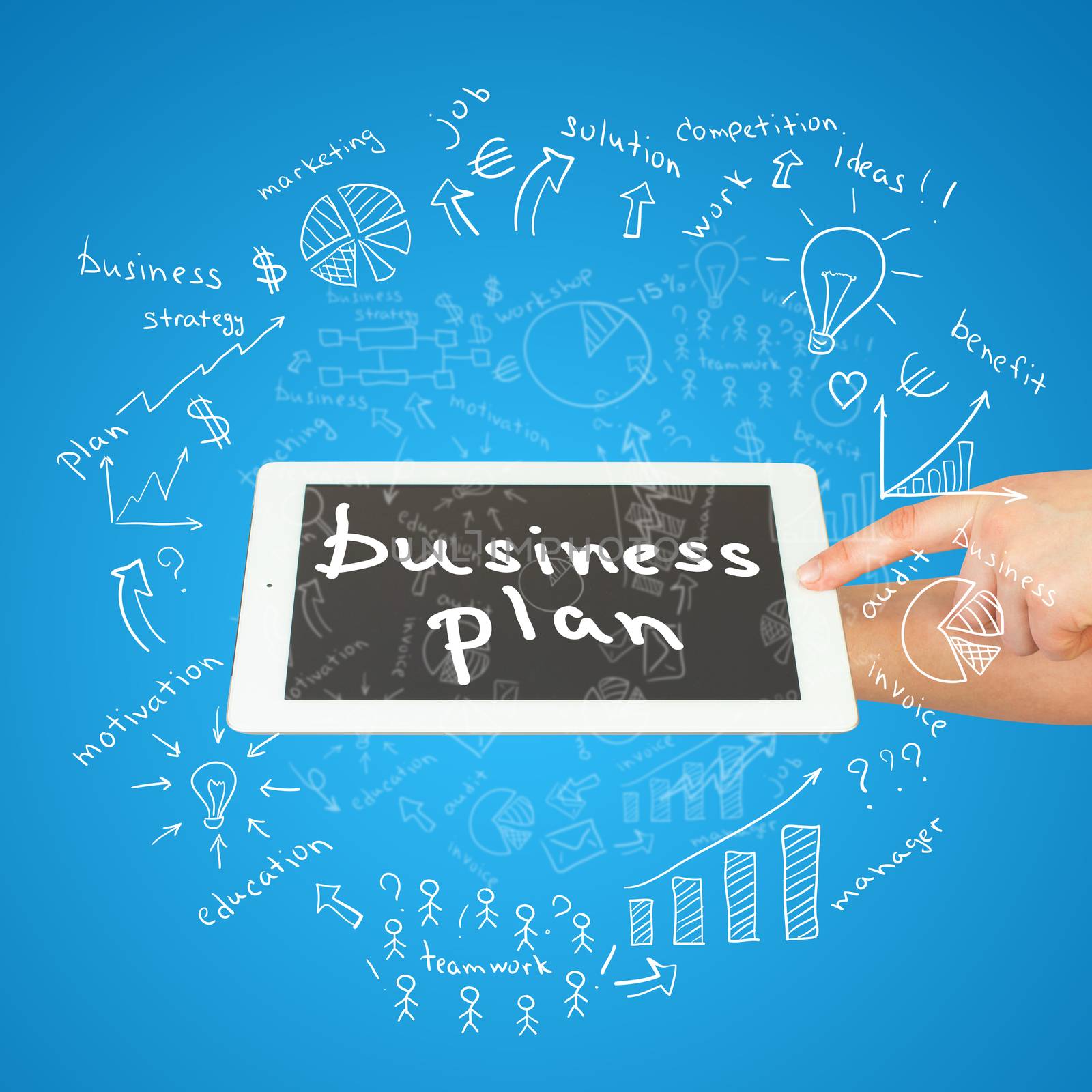 Hands, tablet and sketches business plan by cherezoff