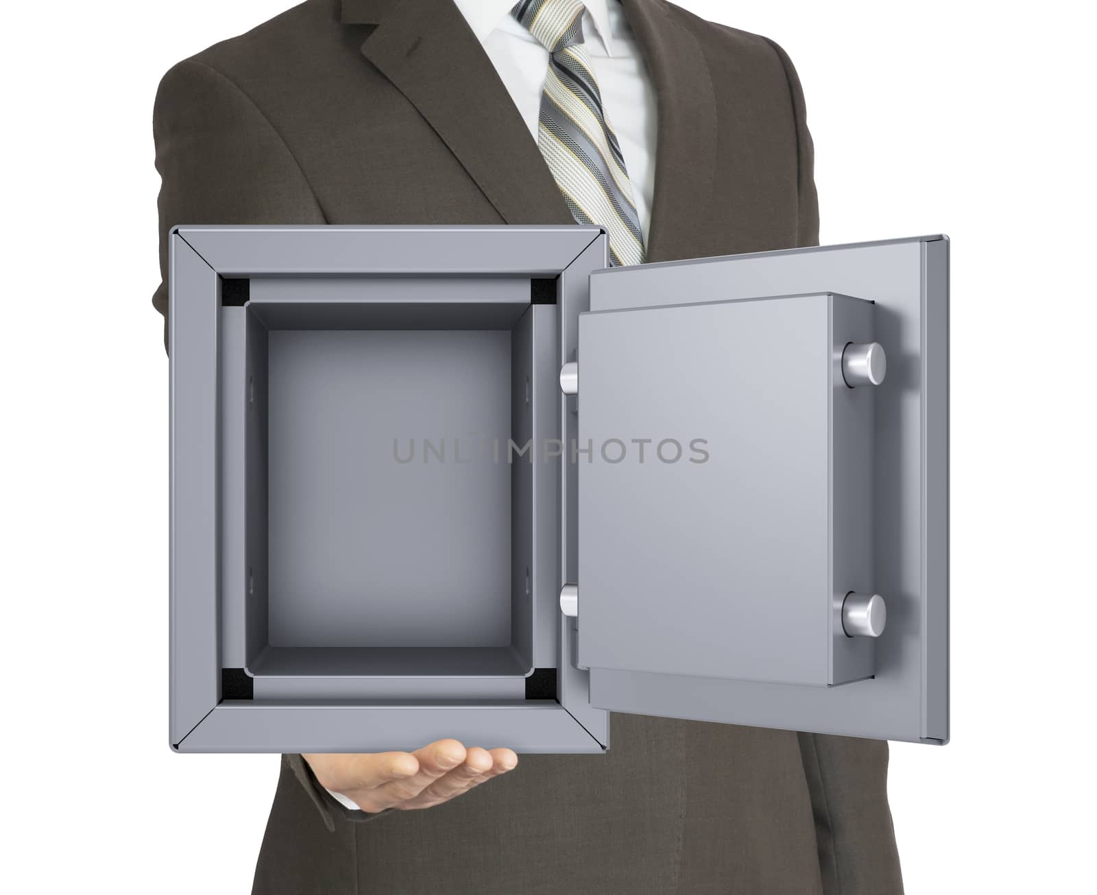 Man in a suit holding open safe. Isolated on white background. safety concept