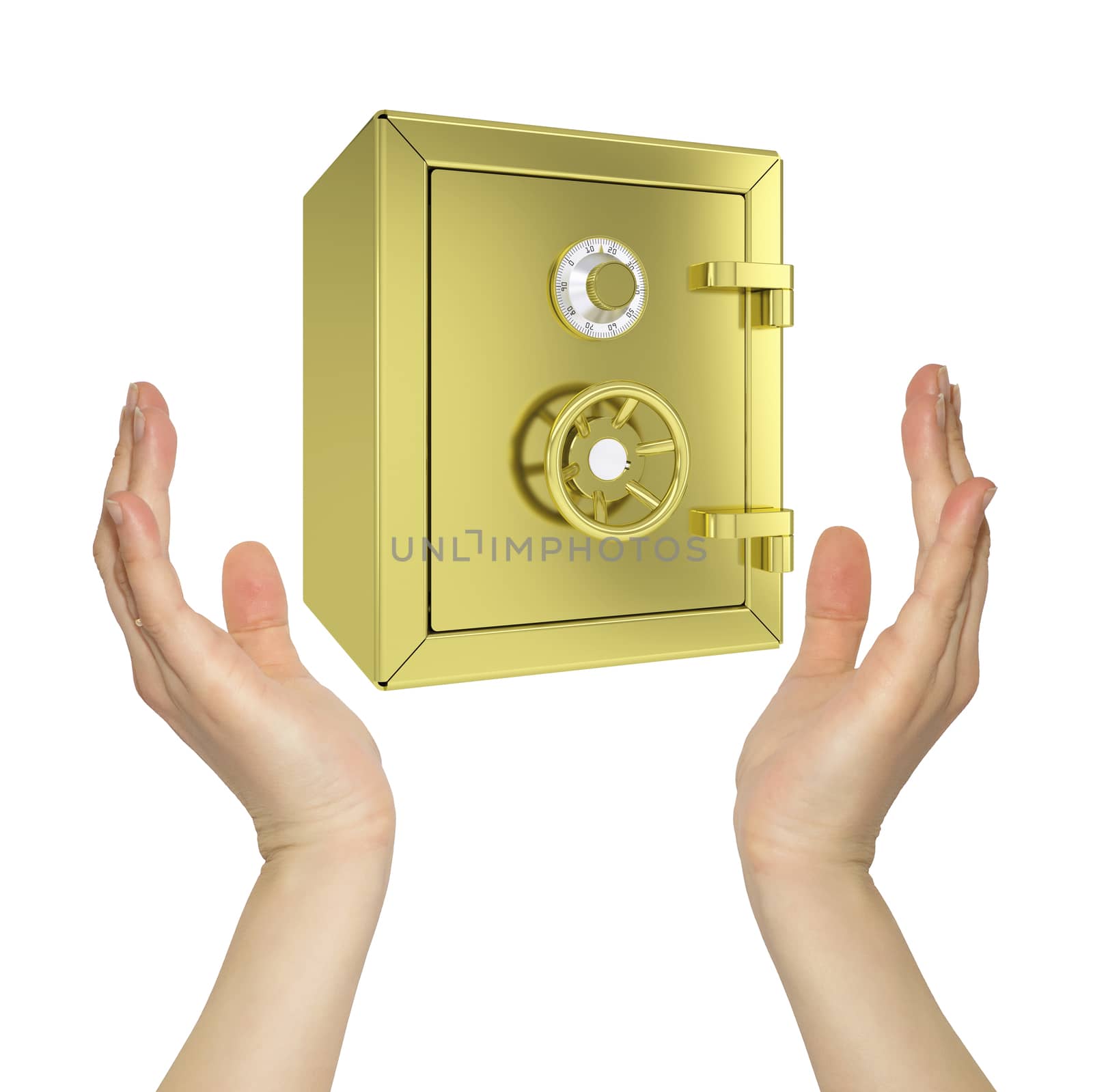 Hands holding gold safe by cherezoff