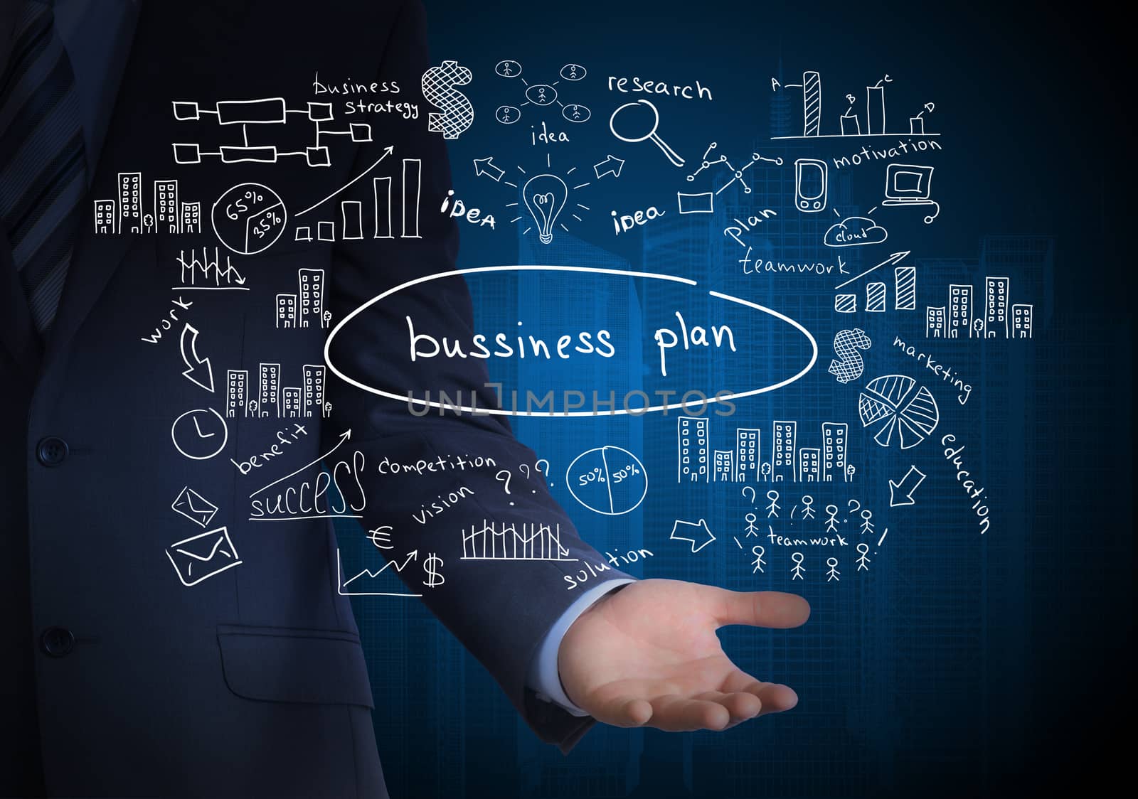Man in suit holding business plan. Around fly business sketches