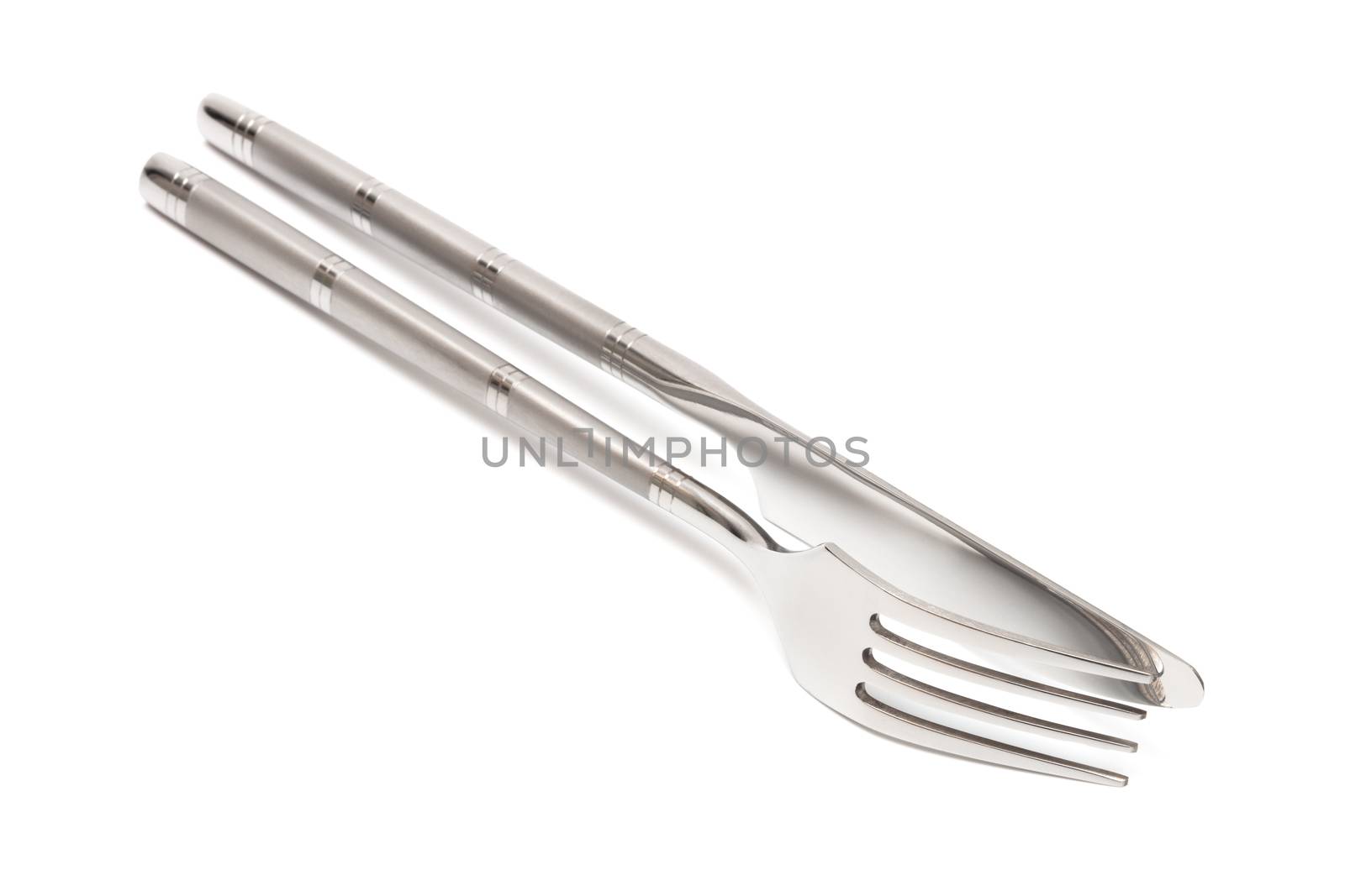 steel knife and fork on a white background