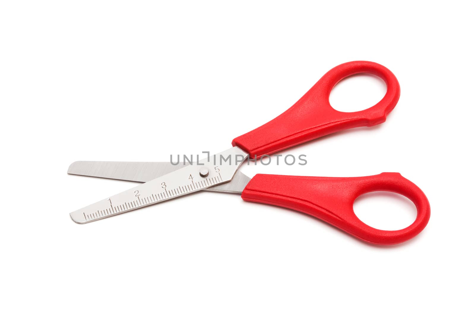 red scissors with a ruler on a white background