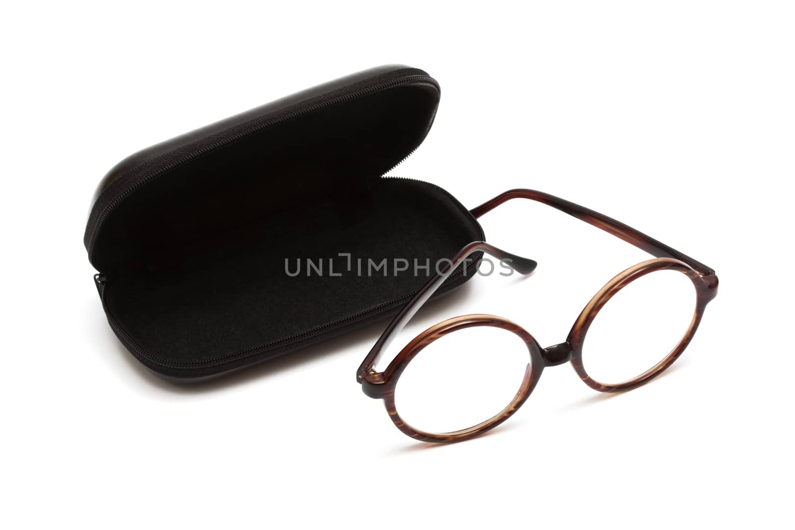 glasses in case against a white background