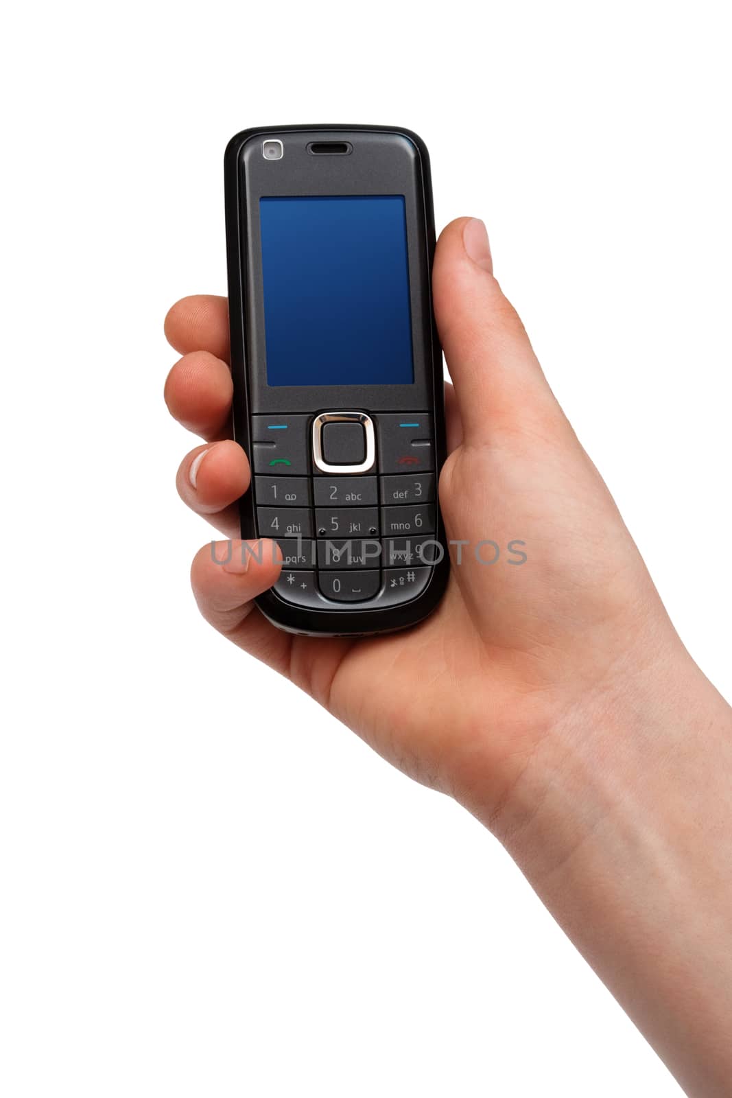 mobile phone in a hand on a white background