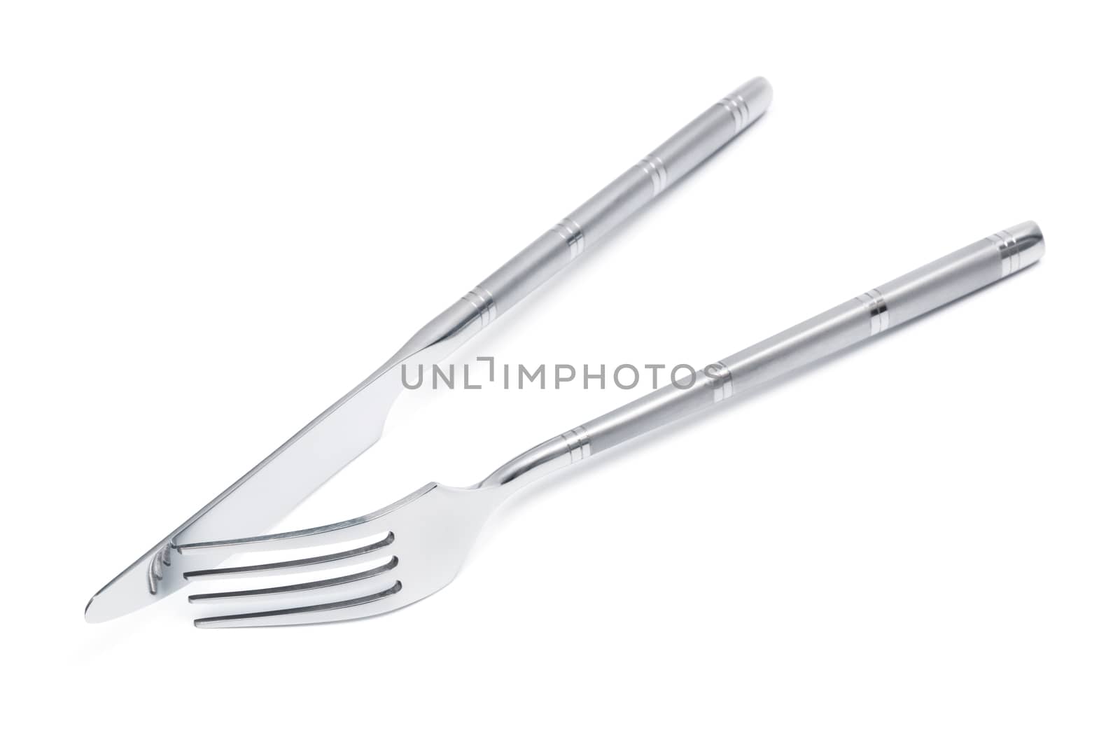 steel knife and fork on a white background