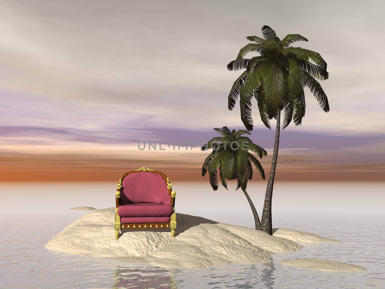 Golden and red royal armchair on an island by cloudy day
