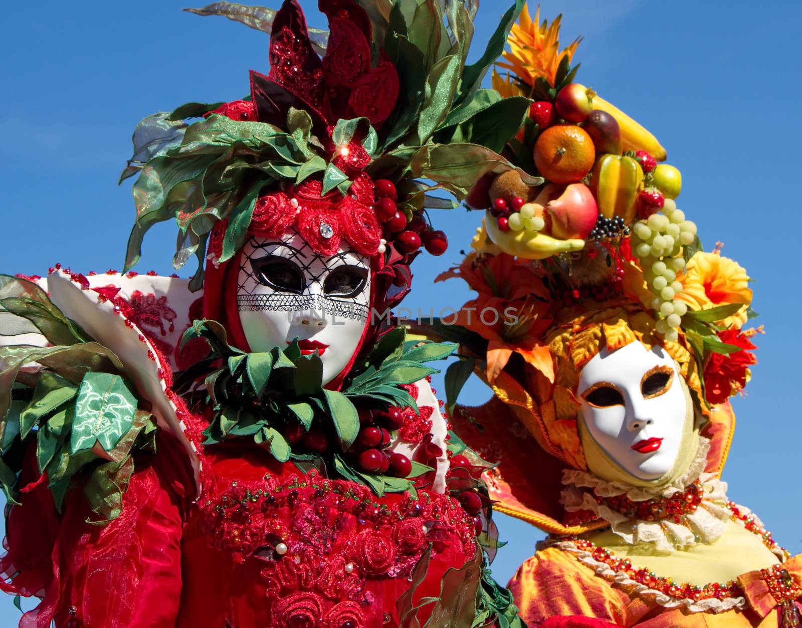 Beautiful colorful persons with lots of fruits at the 2014 Annecy venetian carnival, France