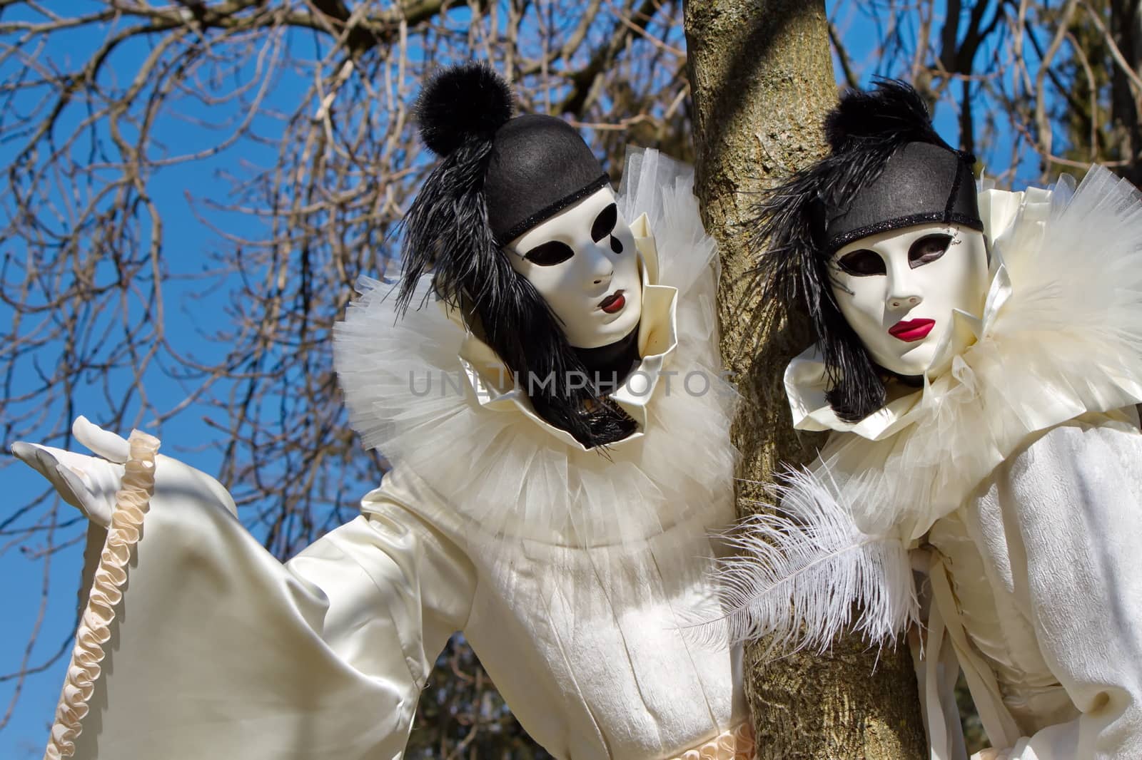 Black and white Pierrot couple at the 2014 Annecy venetian carnival, France