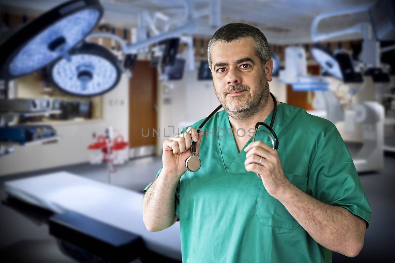 Doctor looking at camera by placing a stethoscope over your neck in operating room