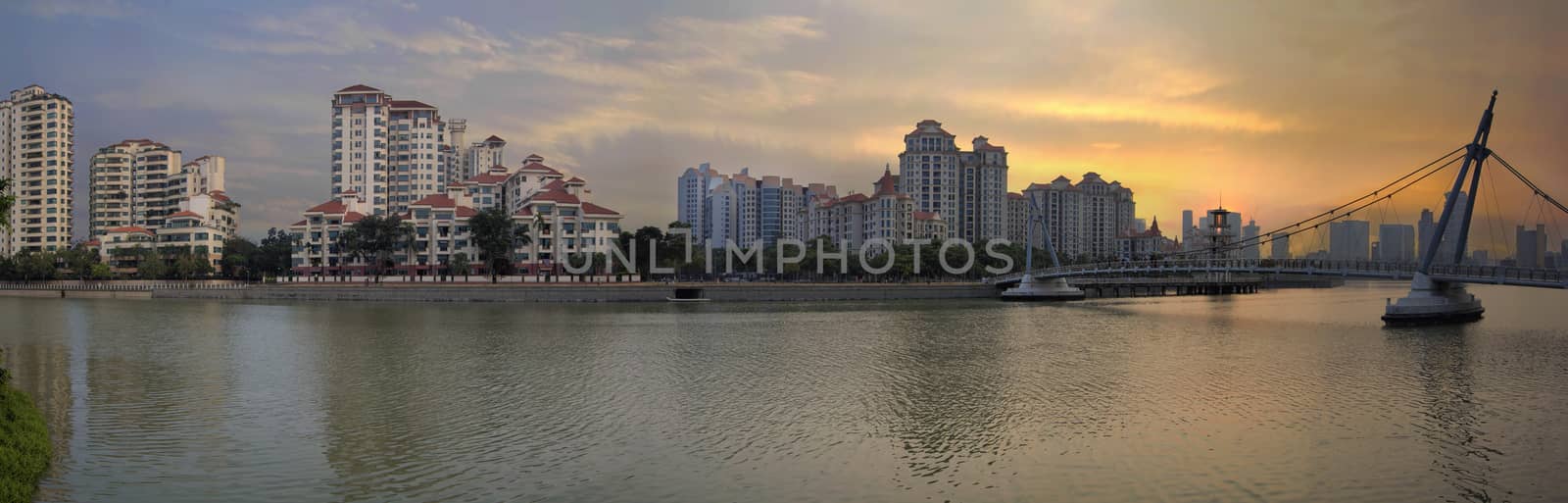 Tanjong Rhu Residential Housing District with Outdoors Park Bridge Sunset Over Kallang Basin in Singapore Panorama