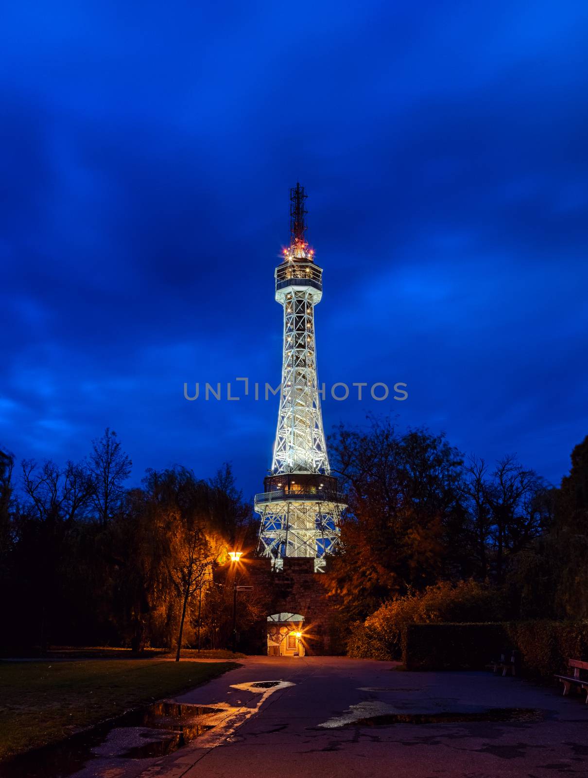 Prague Lookout Tower on Petrin hill with the night illumination