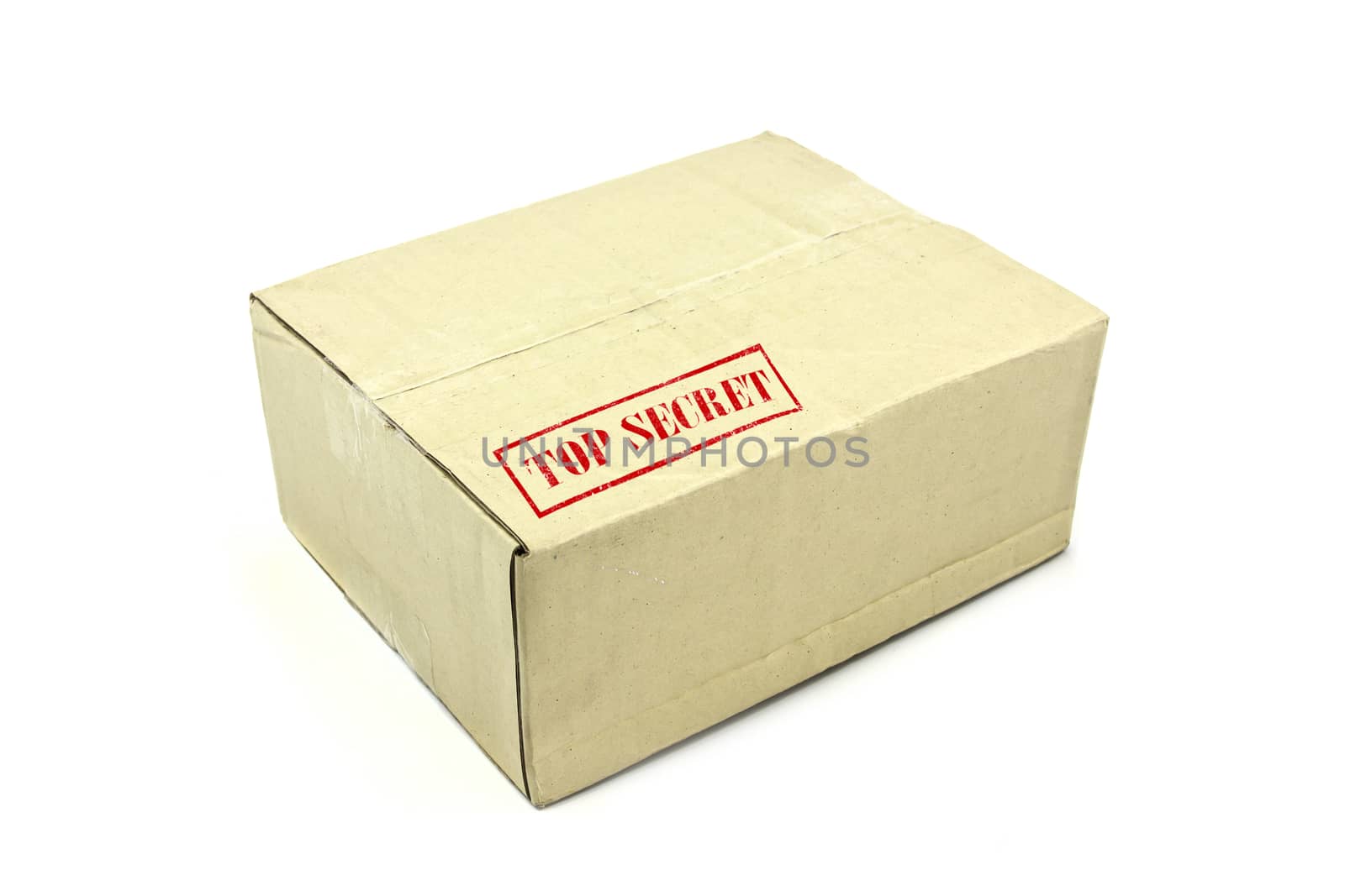 Close brown paper box on white