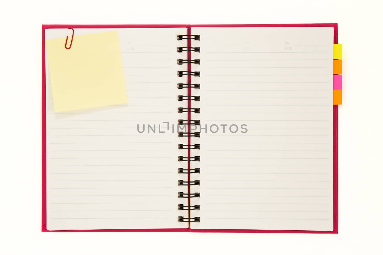 Red notebook with notepad isolated on white background