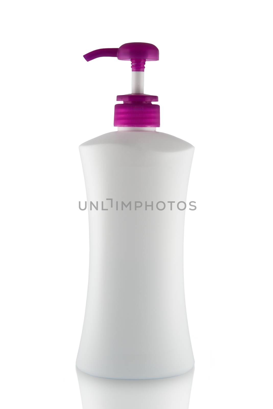Plastic bottle of skin care product on white background
