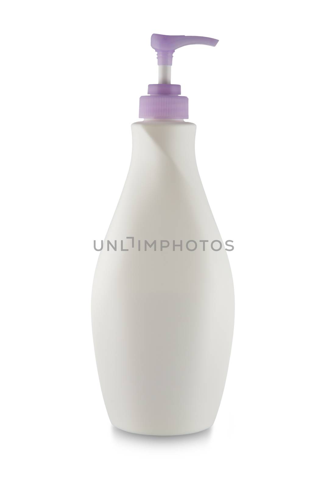 Plastic bottle of skin care product on white background